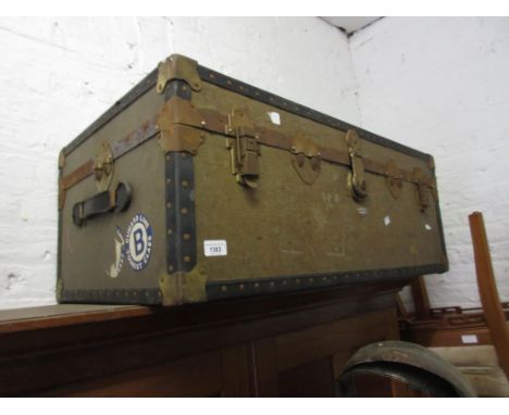 Early to Mid 20th Century travel trunk by overpond bearing Cunard line baggage labels 14ins high x 36ins wide x 20ins deep 