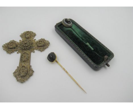 Two 19th Century stick pins and a filigree work cross 