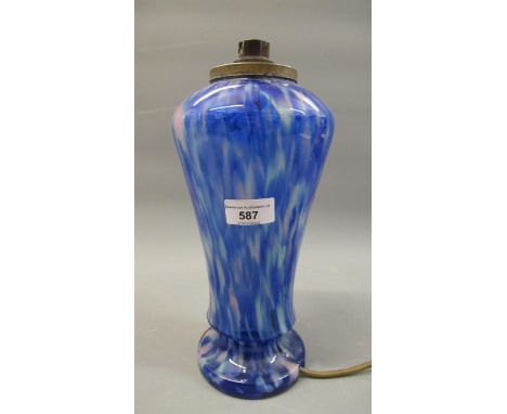 Early 20th Century blue flecked art glass table lamp, 10.5ins high 