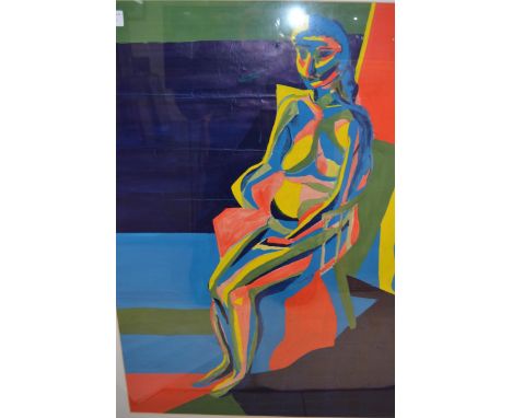 20th Century mixed media nude study in primary colours, unsigned, 30ins x 21ins approximately, together with a signed black a