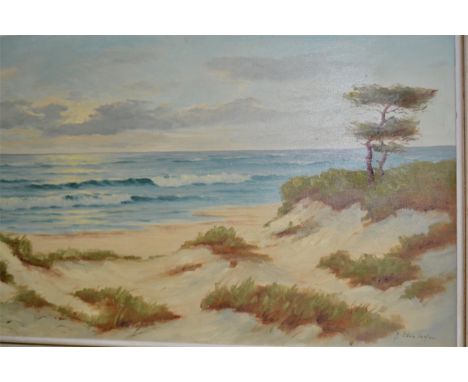 Gerhard Lucas-Larsen signed oil on canvas, coastal landscape, inscribed on gallery label verso ' Sand Dunes ' 