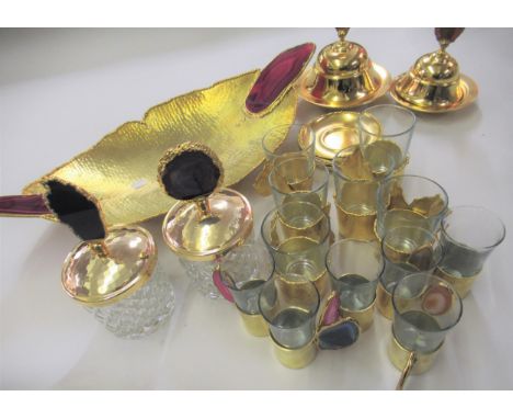 Modern gilt metal oval fruit dish with agate inset handles, together with a quantity of other similar jars, cups and dishes e