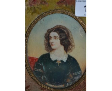 Over painted portrait miniature of a lady with lace veil in a gilt metal framePainting lifting all over, not in good conditio