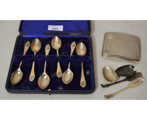 Set of six Sheffield silver coffee spoons in fitted box, silver cigarette case with engine turned decoration and two silver s