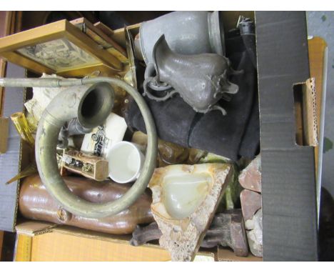 Box containing a miscellaneous quantity of items including a silver plated car horn (at fault), a shell, a hardwood cane etc.