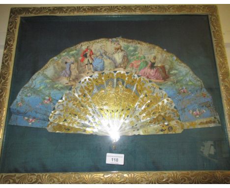 Late 18th / early 19th Century mother of pearl and gilded fan decorated with hand coloured and embellished print of figures o