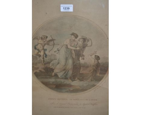 Pair of stipple engravings after Kauffman, classical figures with cherubs, in maple and gilt frames, 17ins x 13ins each, mode