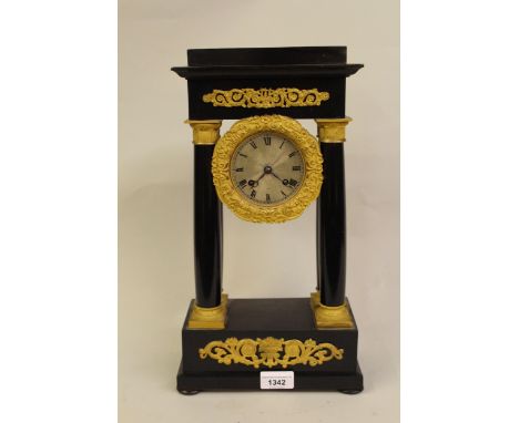 19th Century French ebonised and ormolu mounted portico clock, on stand, (lacking pendulum) 