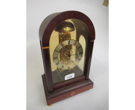 Reproduction mahogany and walnut cased mantel clock, with single train movement, by Sewills 