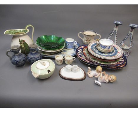 Pair of Continental pottery candlesticks, pair of Royal Worcester cups and saucers and other miscellaneous ceramics 