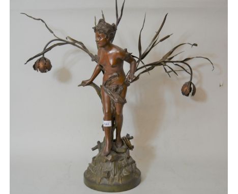 Late 19th / early 20th Century patinated spelter twin light figural table lamp in the form of a semi nude maiden amongst bulr