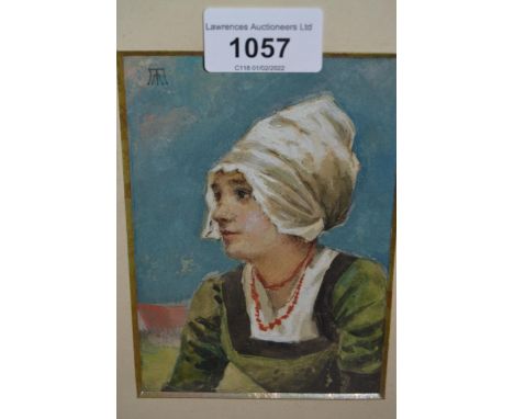 Watercolour and body colour, head and shoulder portrait of a Dutch girl, attributed to Mortimer Mempes, 5.5ins x 4ins 