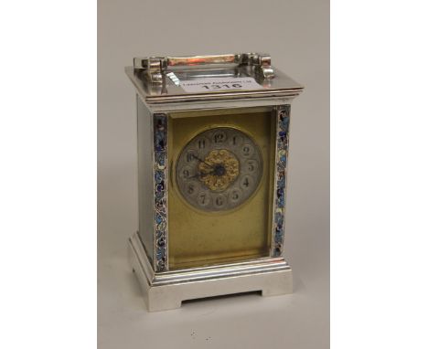 Small late 19th / early 20th Century silvered brass and champleve enamel decorated carriage clock, the gilt and silvered dial