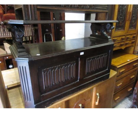 Reproduction oak monks bench with linen fold panelled front 