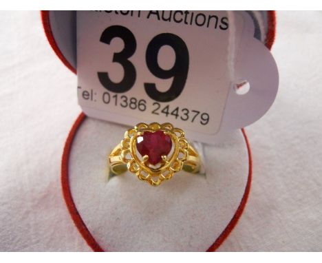 Gilt silver ring with heart shaped lab ruby