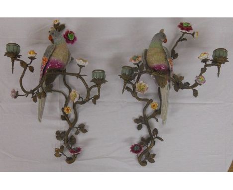 Fine pair of ormolu and porcelain (Meissen?) parrot wall light sconces