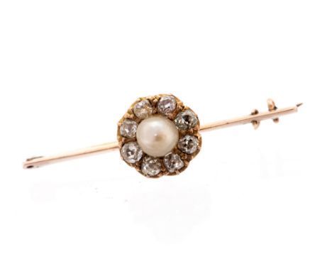 A Victorian pearl and diamond round cluster yellow gold bar brooch, the detachable round cluster centre comprising a central 