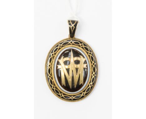 A Victorian mourning locket in yellow metal (tested 9ct) black enamel and with the initials M.W overlayed on banded agate wit