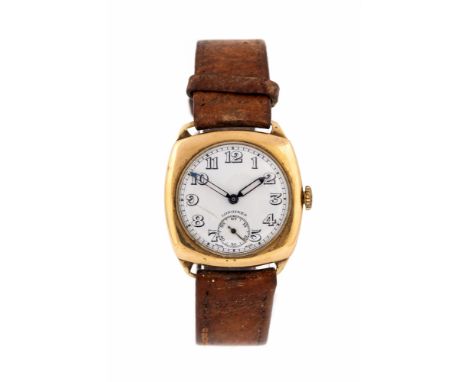 Longines, a 1940's gent's 9ct gold Longines wristwatch, 2.5cm circular white enamel dial with subsidiary seconds dial, the ca