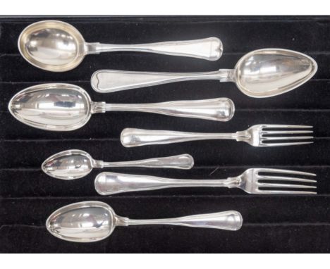 A matched set of Danish early 20th Century 830 standard silver flatware, stylized fiddle and thread pattern, each engraved wi