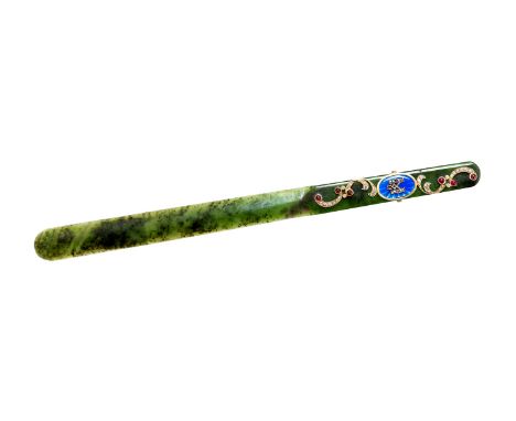 A late 19th century Russian Nephrite jade paper knife, the handle with applied ruby and diamond set silver-gilt scrolls, to a