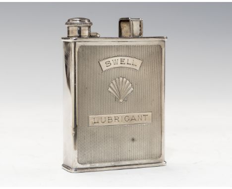 CAR/MOTORING INTEREST: A George V silver novelty hip flask in the form of a lubricant canister, the engine turned body with c