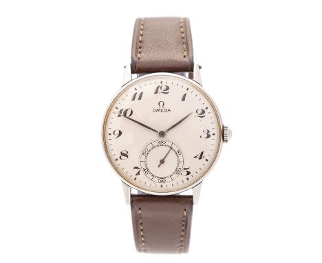 Omega, a circa 1940's gentleman's steel Omega wristwatch, 3cm circular dial with subsidiary seconds dial, tan leather strapCo