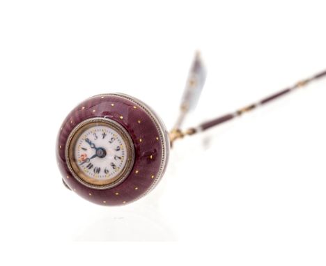 Rolex, an Edwardian Rolex pendant ball watch,circa 1910, purple guilloché enamel with a matching enamelled chain, cylinder mo