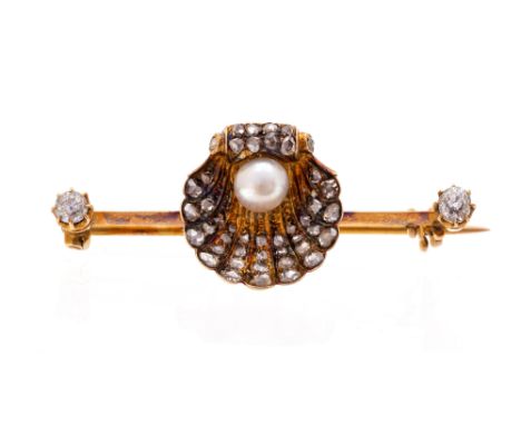 An Edwardian rose-cut diamond and pearl set bar brooch, with central scallop shell motif, the central round pearl approx 5.5m