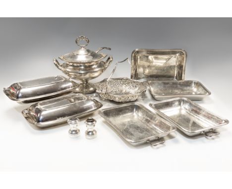 A collection of silver-plate including a Sheffield plate soup tureen, cover and ladle; two pair of entrée dishes and covers; 