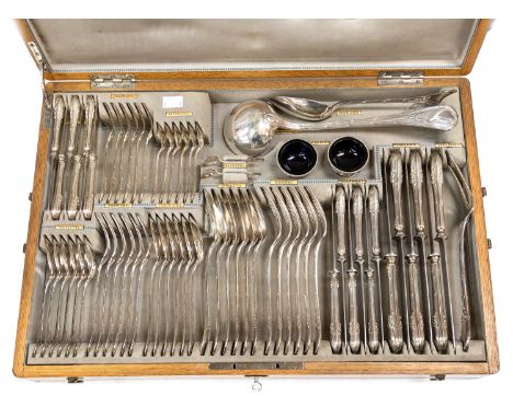 An early 20th Century Austrian silver six piece canteen of cutlery, each handle with reeded rim and central ribbon tied motif
