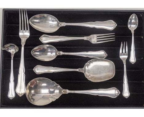 A matched Danish early 20th Century 830 standard silver flatware, stylized fiddle, thread and shell pattern, comprising: four