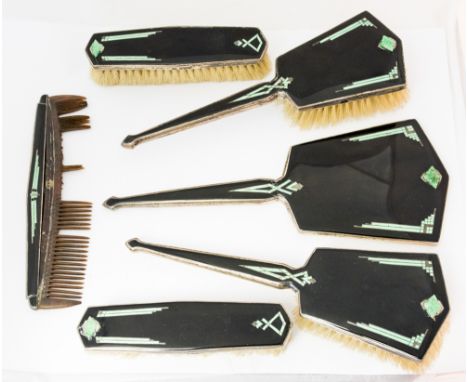 An Art Deco black enamelled, jade and marcasite set brush and mirror set, geometric green guilloché enamel, set with Chinese 