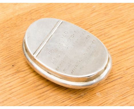 An Edwardian silver palm snuff box concave kidney type form with hinged lid, inscribed on the lid, hallmarked Chester 1901, m