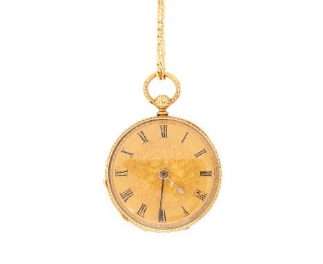 A late Victorian lady's 18ct gold pendant watch, 3cm circular bright cut engraved dial with Roman numerals, enamel floral bou
