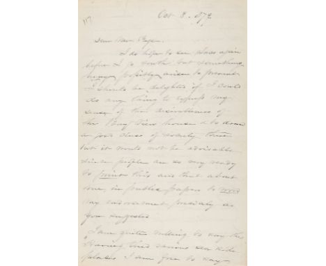 Stowe (Harriet Beecher, author and abolitionist, 1811-96) Autograph Letter signed to "Dear Mr Page", 3½pp., 8vo, 8th October 