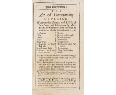 NO RESERVE Law.- G[ardiner] (R[obert]) Ars clericalis: the art of conveyancing explain'd, 2 vol., second edition, some staini