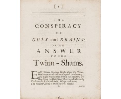 [Rogers (Thomas)] The conspiracy of guts and brains: or An answer to the twinn-shams, only edition, drop-head title, some lig