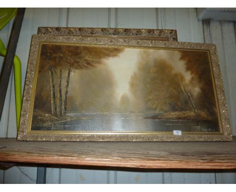 A large modern oil on canvas study of a river scene; together with an oleograph after Constable; and one other gilt frame pri