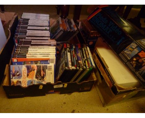 A box of PC and PS2 games; and a box containing a camera tripod stand etc.