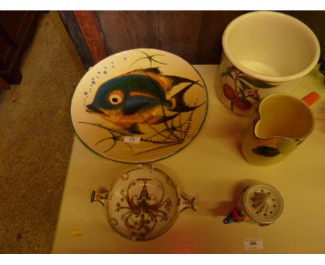 A Portmeirion jardini&egrave;re; an Art Deco jug; a lemon squeezer; a Studio pottery bowl decorated with a fish and a Quimper