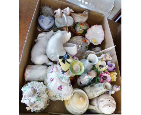 A bag of ceramics including Royal Worcester Sparrow, Dresden figures etc.