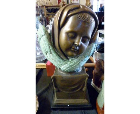 Large bronze bust of a sleeping angel entitled Asleep. H: 40 cm