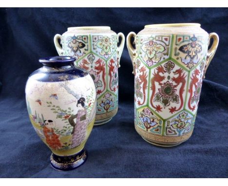 Pair of polychrome Noritake vases depicting dragons. Kamaru mark c1920s, and a Japanese vase with social scenes. H: 16.5 cm