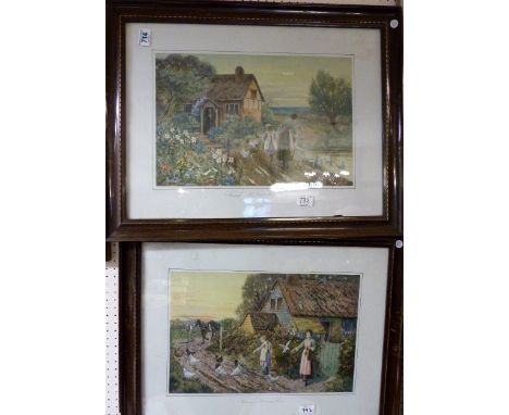 Pair of matching vintage prints depicting country scenes in original frames. Titled  Morning ~ The Days Work Begun, and Eveni