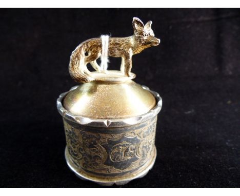 Blue glass silver banded inkwell with fox finial, assay Birmingham 1892