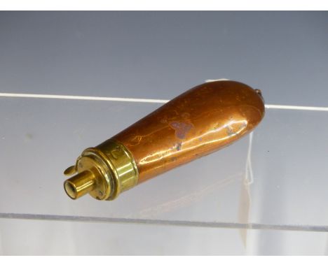 AN ANTIQUE COPPER AND BRASS GUNPOWDER FLASK BY G &amp; J W HAWKSLEY. OF SMALL SIZE FOR CHARGING A PISTOL.