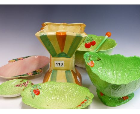 AN ART DECO MYOT &amp; SONS HAND PAINTED VASE WITH ORIGINAL SEPARATOR, TOGETHER WITH A SHORTER &amp; SONS DISH,BESWICK LETTUC