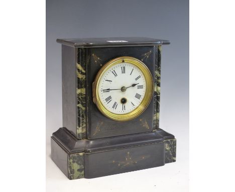 A LATE VICTORIAN BLACK SLATE AND MARBLE INLAID MANTLE CLOCK.