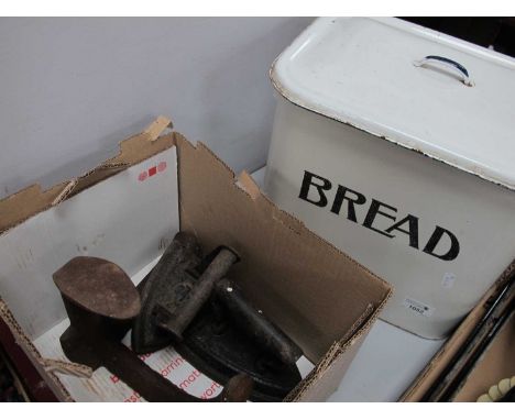 Early XX Century Enamel Bread Bin, two flat irons, shoe last.